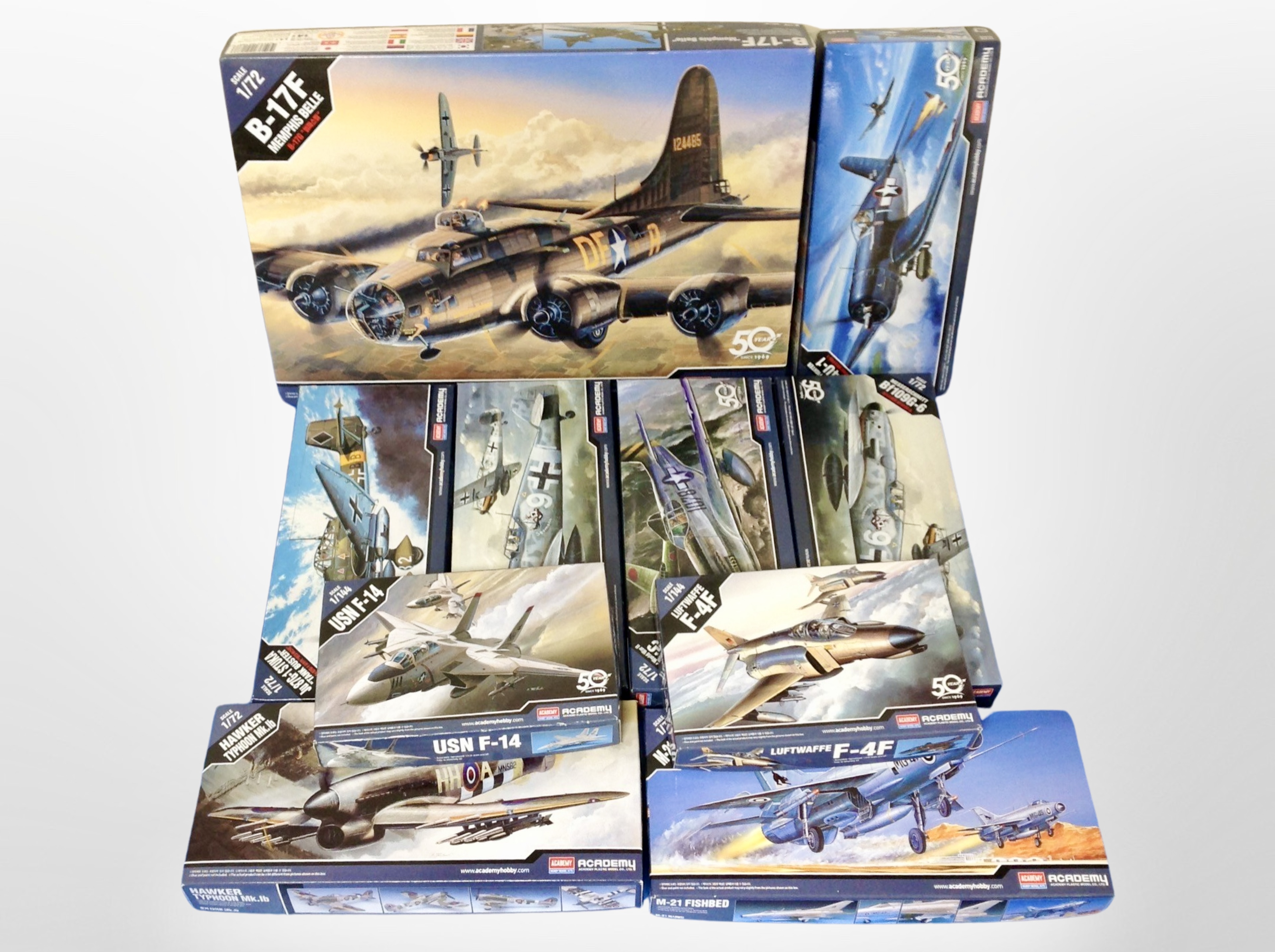 Ten Academy Hobby model kits, all aircraft.
