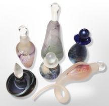 Six decorative studio glass scent bottles including Okra, Susan Akroyd, etc.