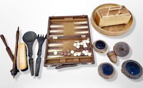 A bagatelle set together with various treen including turned wooden fruit bowl,