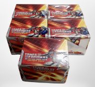 Five Hasbro Transformers 3D Battle Card game boxes.