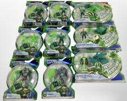 Nine Mattel Green Lantern figurines, boxed.