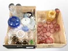 Two boxes of 20th century clear and coloured glass ware,
