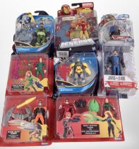 Eight Kenner and other figures including Batman and Robin, Thor, Justice League, etc.