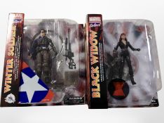 Two Marvel Select figurines, The Winter Soldier and Black Widow, boxed.