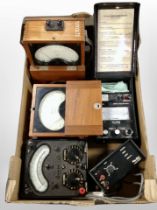 Scientific instruments to include teak-cased volt and amp meters, universal volt meter,