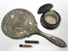 A George V silver hand mirror, Birmingham 1918, length 27cm,