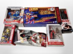 Six Hasbro/DC Collectables figures, including X-Men, Transformers, Harley Quinn, etc.