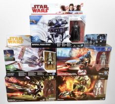 Five Hasbro Star Wars models including Imperial Probe Droid, Elite Speeder Bike, etc.