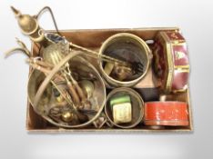 A box of Victorian brass coal buckets and other metal wares, Eastern brass teapot,