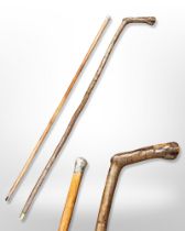 An antique silver-mounted walking cane, length 90cm, and a further hazelwood walking stick.