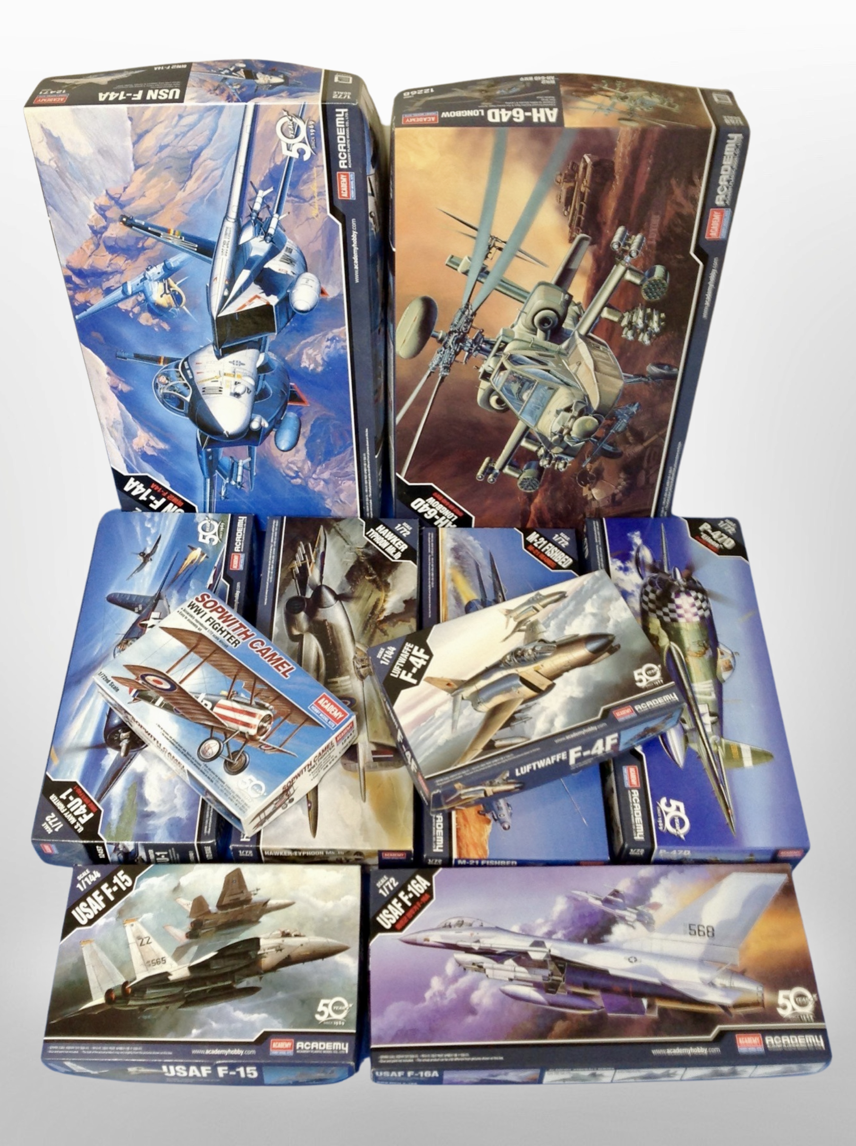 Ten Academy Hobby model kits, all aircraft.