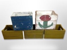 Five painted pine shipping crates