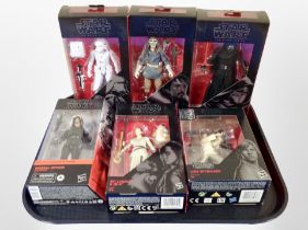 Six Hasbro Star Wars The Black Series figurines, boxed.