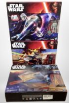Three Hasbro Star Wars models, Slave I, Hera Syndulla's A-Wing, and Desert Landspeeder.