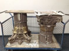 A large pair of cast, painted and parcel gilt Corinthian style column caps,