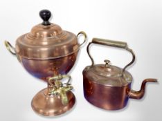 A copper and brass kettle and a further tea urn,