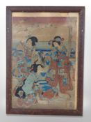 Late 19th century Japanese School : Three geisha, watercolour on paper, 35 cm x 24 cm, signed.
