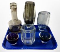 Six pieces of circa 1970's glass ware including mallet decanter, vase,