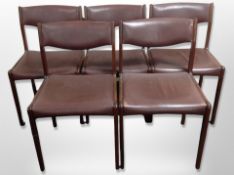 A set of five Danish Sax rosewood dining chairs in brown leather upholstery