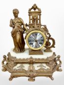 A 19th century French alabaster and gilt metal figural eight day mantel clock, striking on a bell,