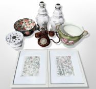 Two Continental porcelain vases and matching bowl together with two Isabel Adams floral prints,