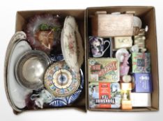 Two boxes of tins, Lurpak butter dish and toast rack, assorted ceramics and glasswares,