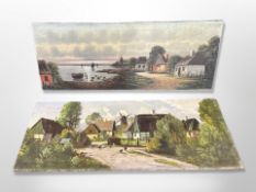 Two contemporary oil paintings depicting cottages and buildings by a coast.