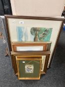 A group of pictures and prints including Pauline Alldis watercolour of a bird,