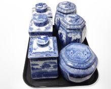 Six Maling for Ringtons blue and white lidded caddies