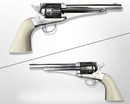 A Sheridan Remington model 1875 CO2 .177 calibre BB revolver, with six brass cartridges.