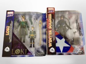 Two Marvel Select figurines, The Winter Soldier and Loki, boxed.