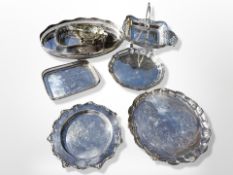 A group of silver plated gallery serving trays, baskets,