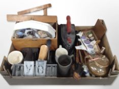 A box of antique desk punch, letter stencils, ceramics, small quantity of costume jewellery,