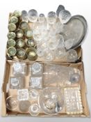 Two boxes of brass goblets, various glass ware, decanters,
