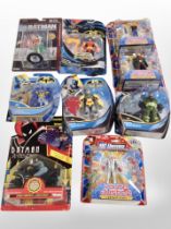 Nine Mattel and other figures including Batman, DC Universe, etc.