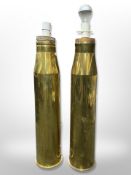 A large pair of brass artillery shells converted to table lamps,