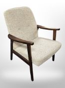 A Danish stained beech armchair in oat meal fabric,