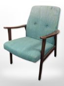 A Danish teak armchair in turquoise upholstery,