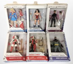 Six DC Collectables figures, including Harley Quinn, etc.