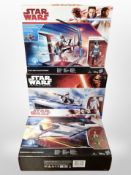 Three Hasbro Star Wars models, Resistance A-Wing Fighter, First Order Snowspeeder,