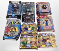 Eight Mattel and other figures including Batman, DC Universe, etc.