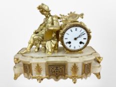 A 19th century alabaster, gilt metal and enamelled figural mantel clock,