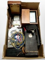 Scientific instruments to include teak-cased kilowatt gauge, Swema-Termometer in oak case,