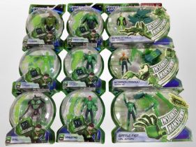 Nine Mattel Green Lantern figurines, boxed.