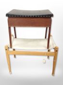 A Scandinavian beech stool with canvas sling seat and a teak black vinyl storage footstool