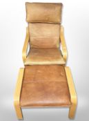 A Danish bentwood and canvas armchair with stitched tan leather cushion and headrest with matching
