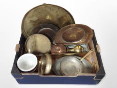 A box of metal wares, brass and copper chargers,