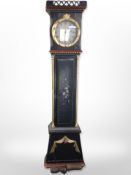 A 19th century Scandinavian painted and gilt longcase clock with pendulum and weights,