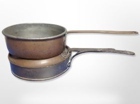 Two 19th century copper long handled cooking pans, one with lid,