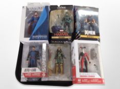 Six Hasbro and DC Collectables superhero figures,